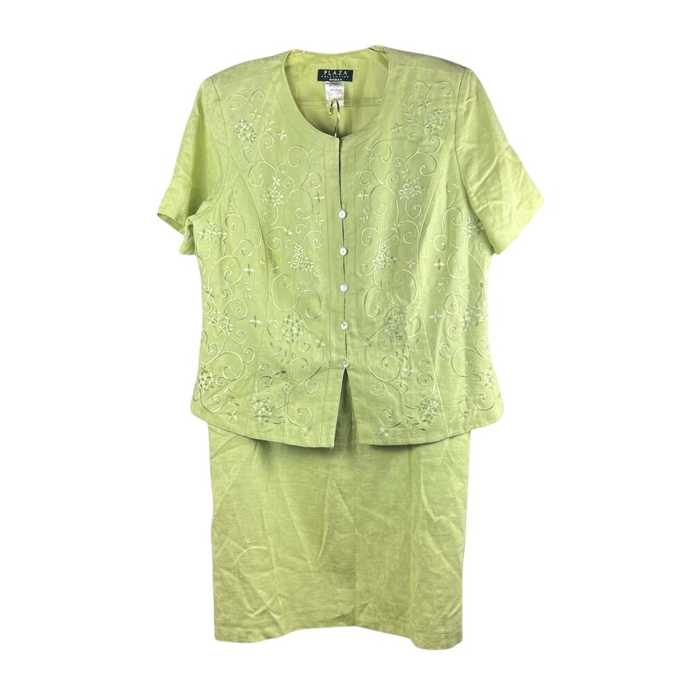 Vintage 2000s Plaza Collection Green Linen Cotton Skirt Suit Set Size 18 - Picture 2 of 7